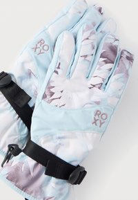Roxy-handskar med ett ljust blått och vitt blommönster, med svart justerbar rem och broderad logotyp på handleden.