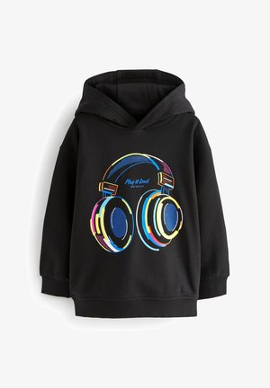 Sweat à capuche noir pour enfants avec un grand graphique de casque audio coloré et le texte « Play it Loud New York City » sur le devant.