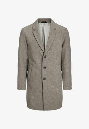 Barna gyapjú keverék kabát, amely hegyes elülső részű, három fekete gombbal, oldalsó zsebekkel és sima, világos színű béléssel rendelkezik.