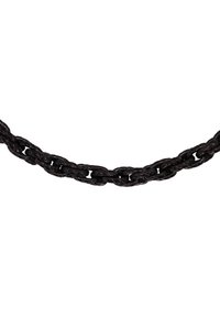 Catena in pelle intrecciata nera con anelli intrecciati, caratterizzata da una superficie liscia e larghezza uniforme, progettata per resistenza e stile.