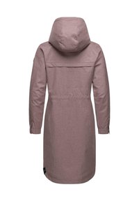 Long coat in light pink fabric, with a hood, waist seam, and buttoned cuffs. Smooth texture with a subtle heather pattern.