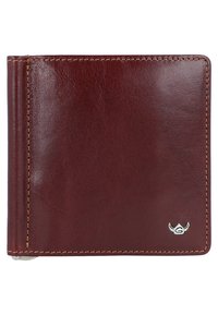 Portafoglio in pelle marrone con una texture liscia, design piegato e cuciture gialle a contrasto; presenta un piccolo logo argento nell'angolo anteriore.