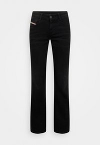 Jeans negros de pierna recta con cierre frontal de botón y cremallera, lazos para cinturón y diseño de cinco bolsillos que incluye un pequeño bolsillo frontal para monedas.