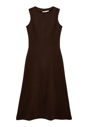 Bez rękawów, ciemnobrązowa sukienka midi z dopasowanym gorsetem i rozkloszowanym dołem, okrągłym dekoltem oraz pionowymi przeszyciami.