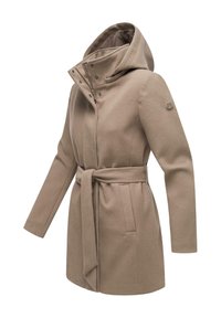 Beige wool coat with a high collar, hood, long sleeves, and a belted waist. Features snap closures and side pockets. Smooth texture.