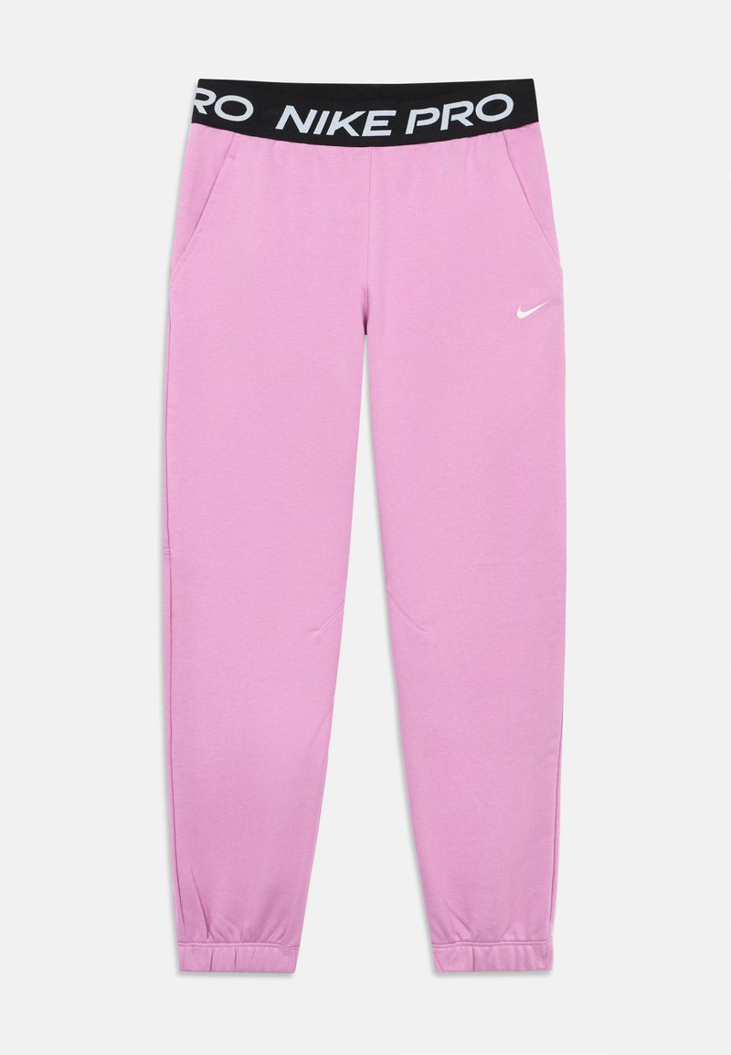 Rosa Nike Pro sweatpants med en sort elastisk talje, der har "NIKE PRO" i hvid tekst. Udstyret med sidelommer og elastiske manchetter.
