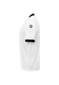 Witte sportshirt met een zwarte kraag en mouw cuffs, een getailleerde pasvorm, korte mouwen en een logo op de linkerschouder.