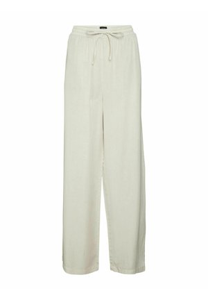 Pantalon en lin beige clair avec une taille élastique, fermeture à cordon, jambes larges et texture lisse. Aucun motif ou accent visible.