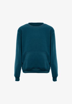 Tyrkysová mikina s kulatým výstřihem, dlouhými rukávy a přední kapsou. Vyrobena z měkké látky s žebrovanými manžetami a lemem.