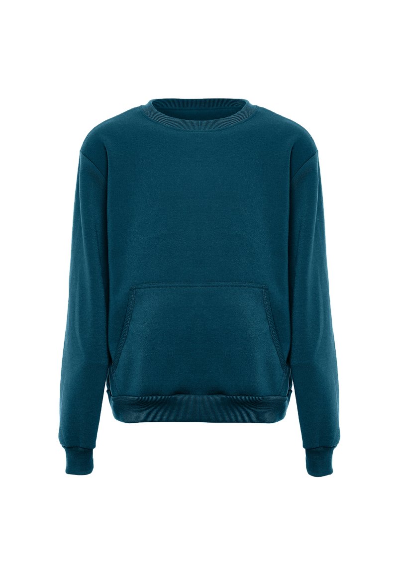 Sudadera turquesa con cuello redondo, mangas largas y un bolsillo frontal. Fabricada con una tela suave, cuenta con puños y dobladillo acanalados.