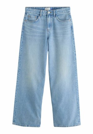 Lichtblauwe wijde denim jeans met knoop en rits aan de voorkant, twee voorzakken en riemlussen.
