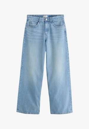 Lichtblauwe wijde denim jeans met knoop en rits aan de voorkant, twee voorzakken en riemlussen.