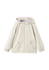 Svetlo bež jopič s kapuco iz bombažnega mešanega materiala. Ima sprednji zadrgo, elastične manšete in dva sprednja žepa. Gladek, neobložen material.