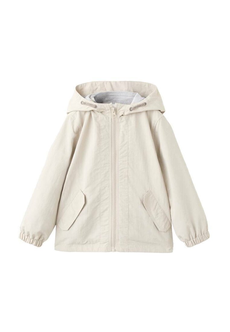 Svetlo bež jopič s kapuco iz bombažnega mešanega materiala. Ima sprednji zadrgo, elastične manšete in dva sprednja žepa. Gladek, neobložen material.