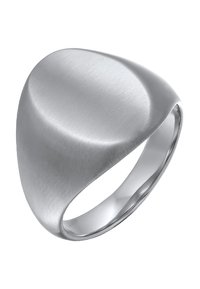 Borstad silverfärgad metallring med en slät, rundad form och ett brett band. Har en elegant, sömlös design utan utsmyckningar.