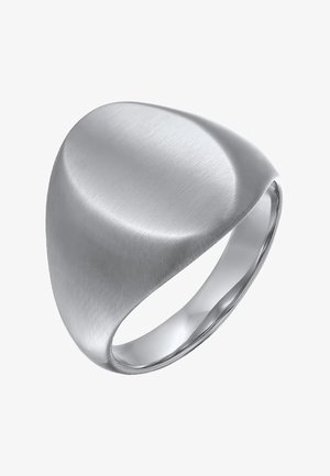 Bague en métal argenté brossé avec une forme lisse et arrondie et une large bande. Présente un design élégant et sans couture, sans embellissements.