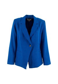 Blazer de lino azul con cuello de muesca, cierre de un solo botón y dos bolsillos delanteros. Tejido texturizado con un ajuste a medida.