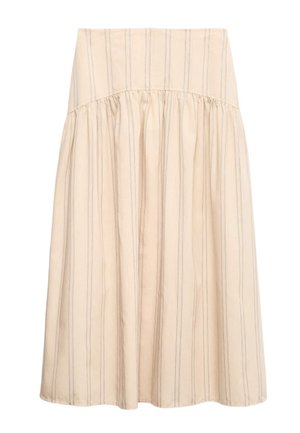 Beige midinederdel med vertikale tynde striber, samling under den høje talje for en udvidet silhuet.