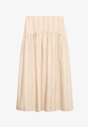 Beiger Midirock mit vertikal dünnen Streifen, geraffte Naht unterhalb der hohen Taille für eine ausgestellte Silhouette.