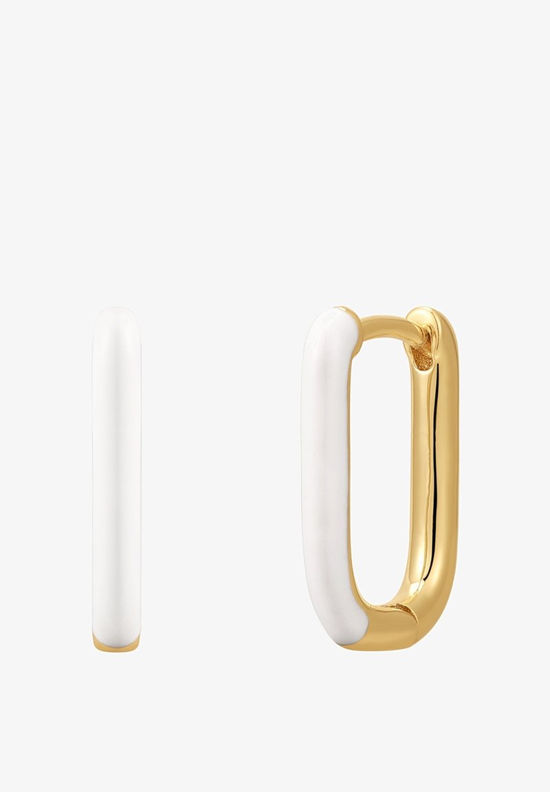 Naušnice od zlatnog tona metala s glatkim bijelim emajliranim akcentom. Imaju izduženi oblik; elegantan dizajn s sjajnom površinom.