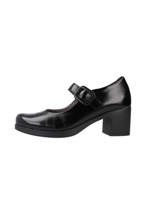 Zapato Mary Jane de charol negro con punta redondeada, tira en el tobillo y tacón bloque robusto. Textura suave y elementos de diseño clásico.