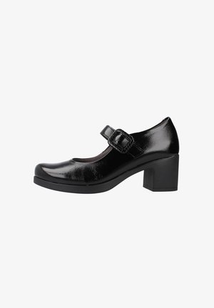 Zapato Mary Jane de charol negro con punta redondeada, tira en el tobillo y tacón bloque robusto. Textura suave y elementos de diseño clásico.