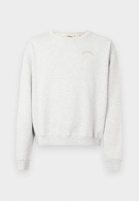 Sweatshirt gri deschis dintr-un material moale, cu guler rotund, manșete și tiv din material elastic, având cuvântul "POMPEII" brodat în portocaliu deasupra pieptului stâng.
