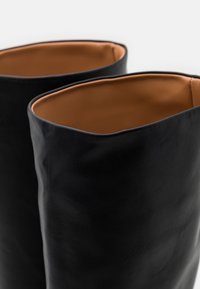 Bottes en cuir noir avec une texture lisse, des dessus ronds et une doublure intérieure marron clair. Le design présente un style simple et sans ornements.