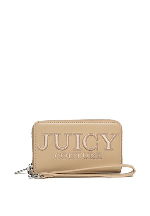 Beige wallet with quilted leather texture, featuring embossed "JUICY COUTURE" logo, silver hardware, and a wrist strap. Zipper closure.