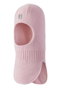 Balaclava lavorata a maglia in morbido rosa, con viso aperto e caratteristiche laterali, banda a coste alla base e fodera interna liscia per il comfort.