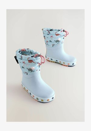 Šviesiai mėlynos vandeniui atsparios botai su raštuota audinio viršune, kuriuose pavaizduoti dinozaurai ir gėlės, rožinė užtrauktuko virvelė ir daugiaspalviai širdelės akcentai ant padų.