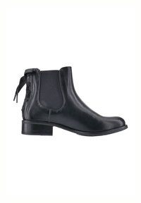 Stivaletto in pelle nera con pannelli laterali elasticizzati, un dettaglio posteriore testurizzato e un tacco basso impilato. Superficie liscia con cuciture minime.