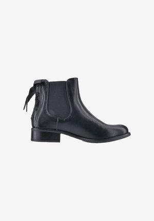 Schwarze Leder-Ankle-Boots mit elastischen seitlichen Einsätzen, einem strukturierten hinteren Akzent und einem niedrigen, gestapelten Absatz. Glatte Oberfläche mit minimaler Naht.
