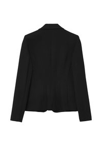 Blazer nero con una vestibilità su misura, maniche lunghe, rever a rotondo e dettagli a cucitura verticale. Texture liscia, silhouette strutturata e senza chiusure visibili.