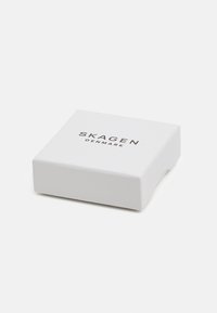 Hvit pappeske med en glatt overflate, med den pregete teksten "SKAGEN DENMARK" i svart på den øverste flaten.