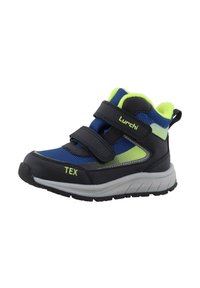Kinder sportieve schoen met blauwe mesh, zwarte en neon groene details, twee klittenbandsluitingen en een grijze zool.