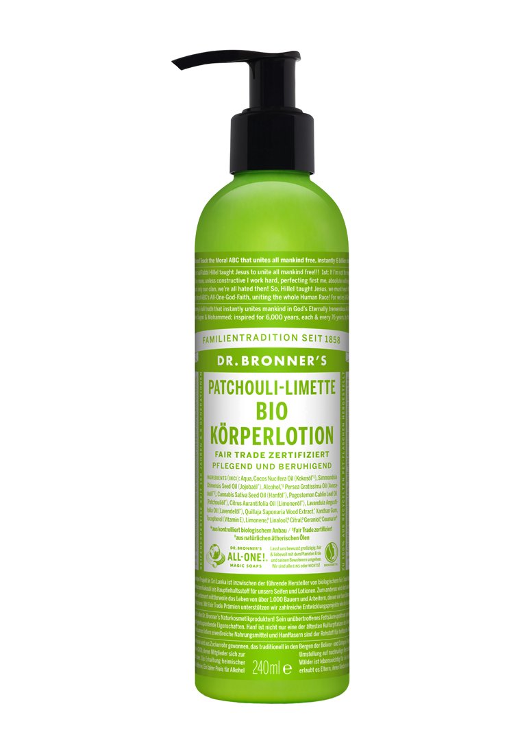 Grønn plastpumpeflaske med Dr. Bronner's Patchouli-Lime lotion, 240 ml. Strukturert etikett med hvit og grønn trykk, som viser ingredienslisten.
