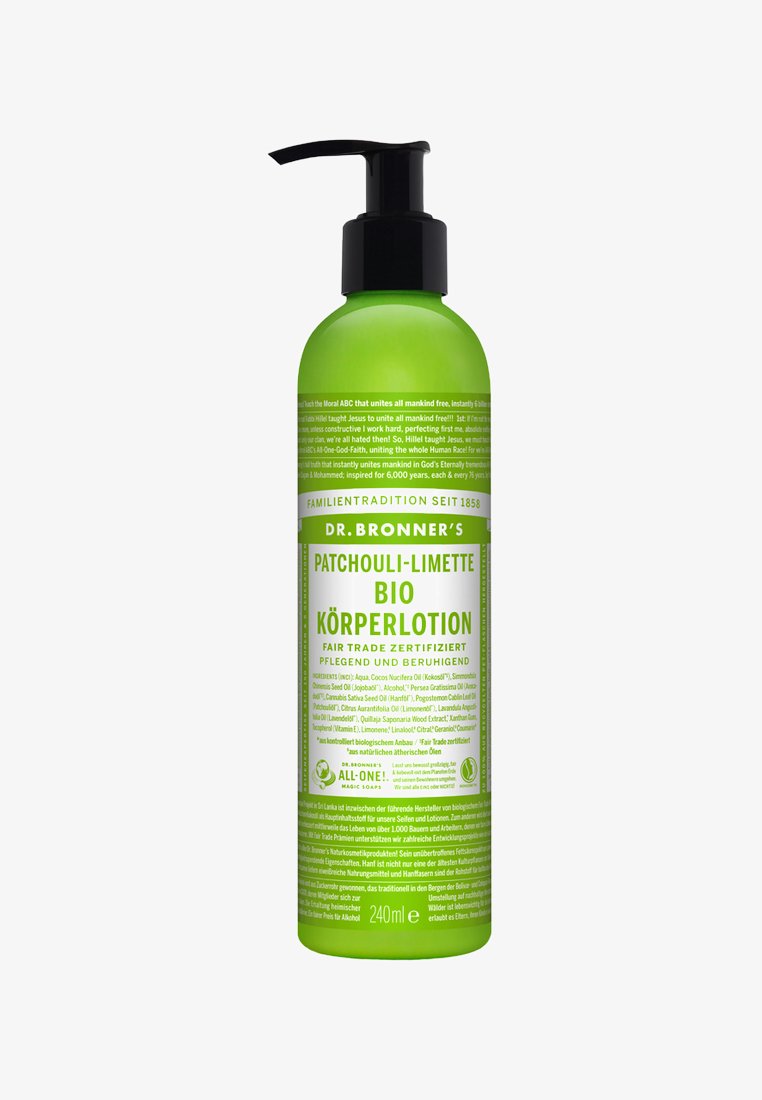 Grüne Kunststoffpumpflasche mit Dr. Bronner's Patchouli-Lime Lotion, 240 ml. Strukturiertes Etikett mit weißem und grünem Druck, das die Zutatenliste zeigt.