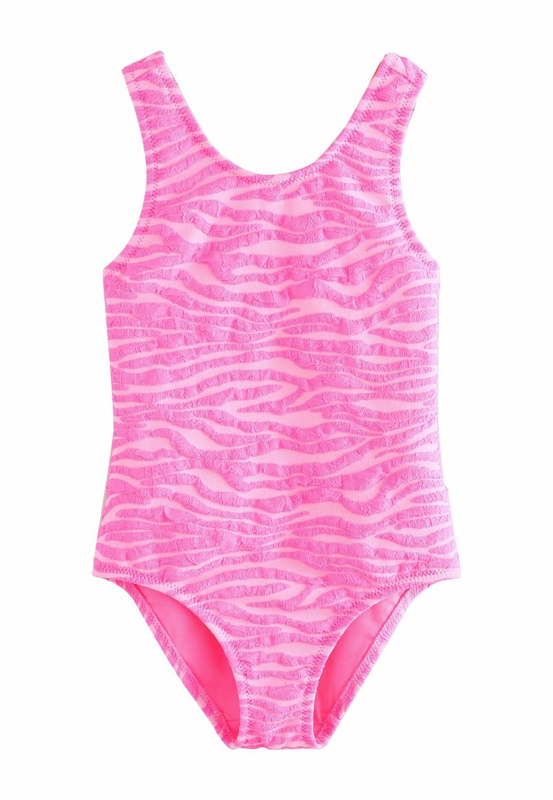 Rosa Badeanzug aus einem Stück mit einem Zebramuster, ausgestattet mit einem glatten, strukturierten Gewebe und breiten Schulterträgern.