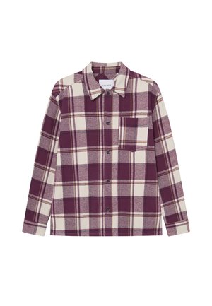 Rutet skjorte i mørk lilla og krem, med lange ermer, knappestolpe foran og brystlomme. Laget av et strukturert stoff.