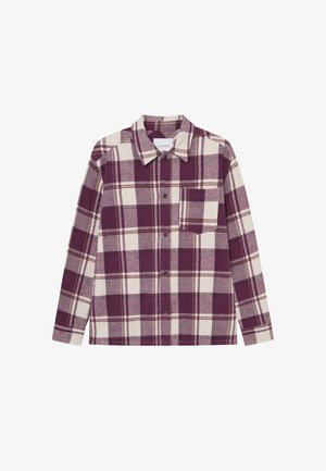 Kostkovaná košile v tmavě purpurové a krémové barvě, s dlouhými rukávy, zapínáním na knoflíky a náprsní kapsou. Vyrobena z texturované látky.