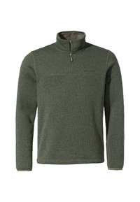 Pulover din polar verde închis cu guler cu jumătate de fermoar, model tricotat texturat și detalii cu cusături inserate. Prezintă un guler interior contrastant.