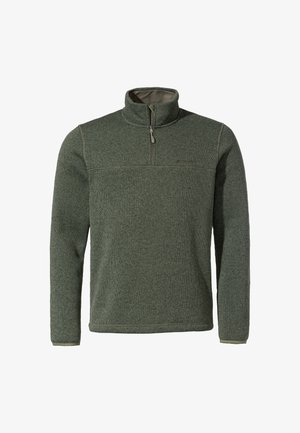 Pullover in pile di colore verde scuro con colletto a mezza zip, motivo a maglia testurizzato e dettagli delle cuciture inseriti. Presenta un colletto interno a contrasto.
