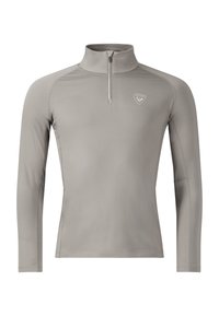 Ljusgrå långärmad atletisk topp med hög krage och fjärdedelsdragkedja, med en liten logotyp på vänster bröst.