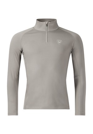 Light gray long-sleeve athletic top with a high collar and quarter zipper, featuring a small logo on the left chest.