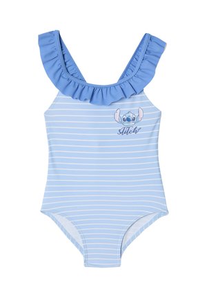 Hellblauer Kinderbadeanzug mit weißen horizontalen Streifen, gerüschtem Ausschnitt und kleinem Stitch-Motiv auf der Brust.