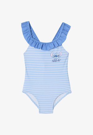 Light blue children’s swimsuit with white horizontal stripes, ruffled neckline, and a small Stitch character graphic on the chest.