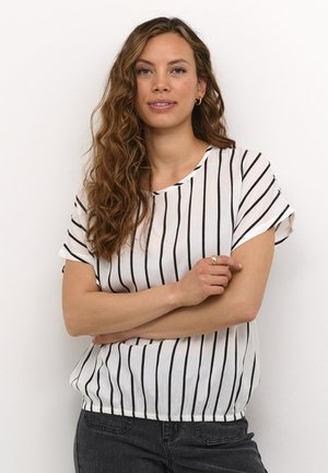 White blouse with black vertical stripes, short rolled sleeves, and elastic bottom hem. Smooth fabric with a relaxed fit.