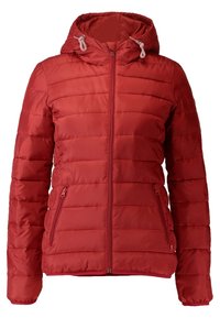 Červená zateplená bunda s předním zipem, kapucí s bílými šňůrkami a bočními kapsami se zipem, navržena pro chladné počasí.