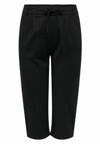 Černé zkrácené kalhoty s páskem na stažení a předními sklady, určené pro volnočasové nebo elegantně volnočasové nošení.